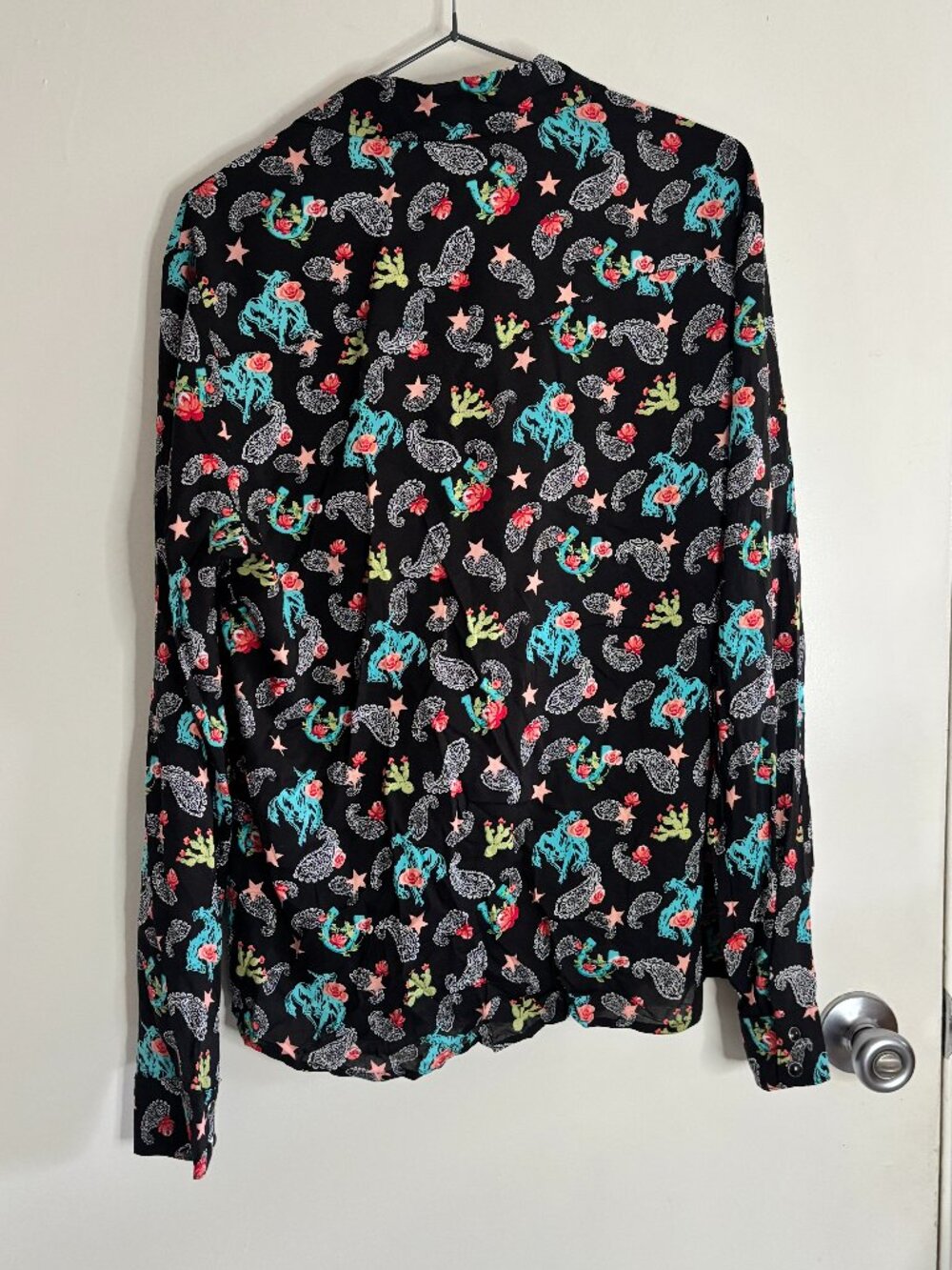 Roper Black Western Cactus Star Paisley Novelty Print Snap Button Collar Shirt - Picture 5 of 7